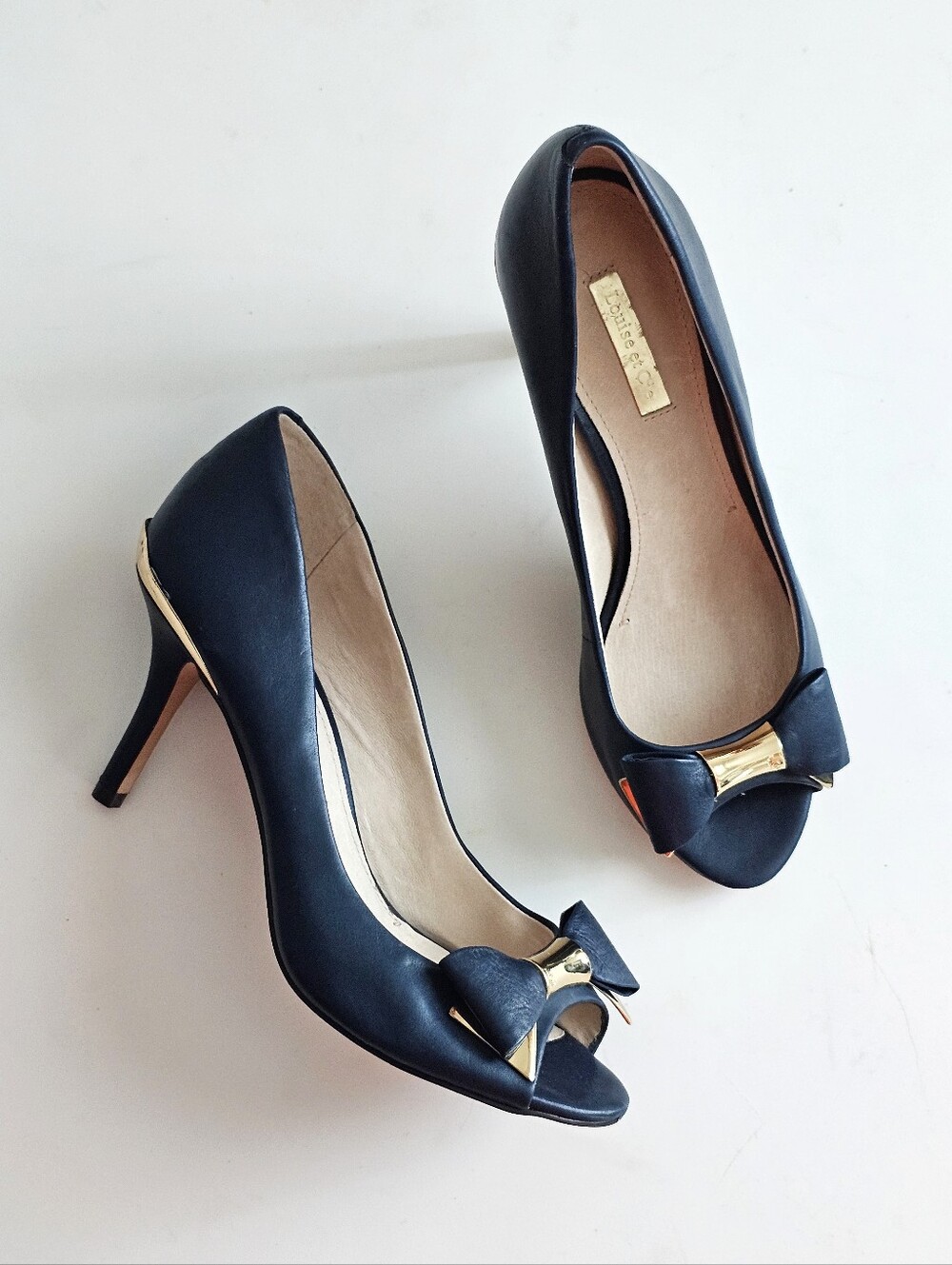 Louise et Cie Navy Blue Leather Bow Peep Toe Stiletto Pumps Heels 8.5M